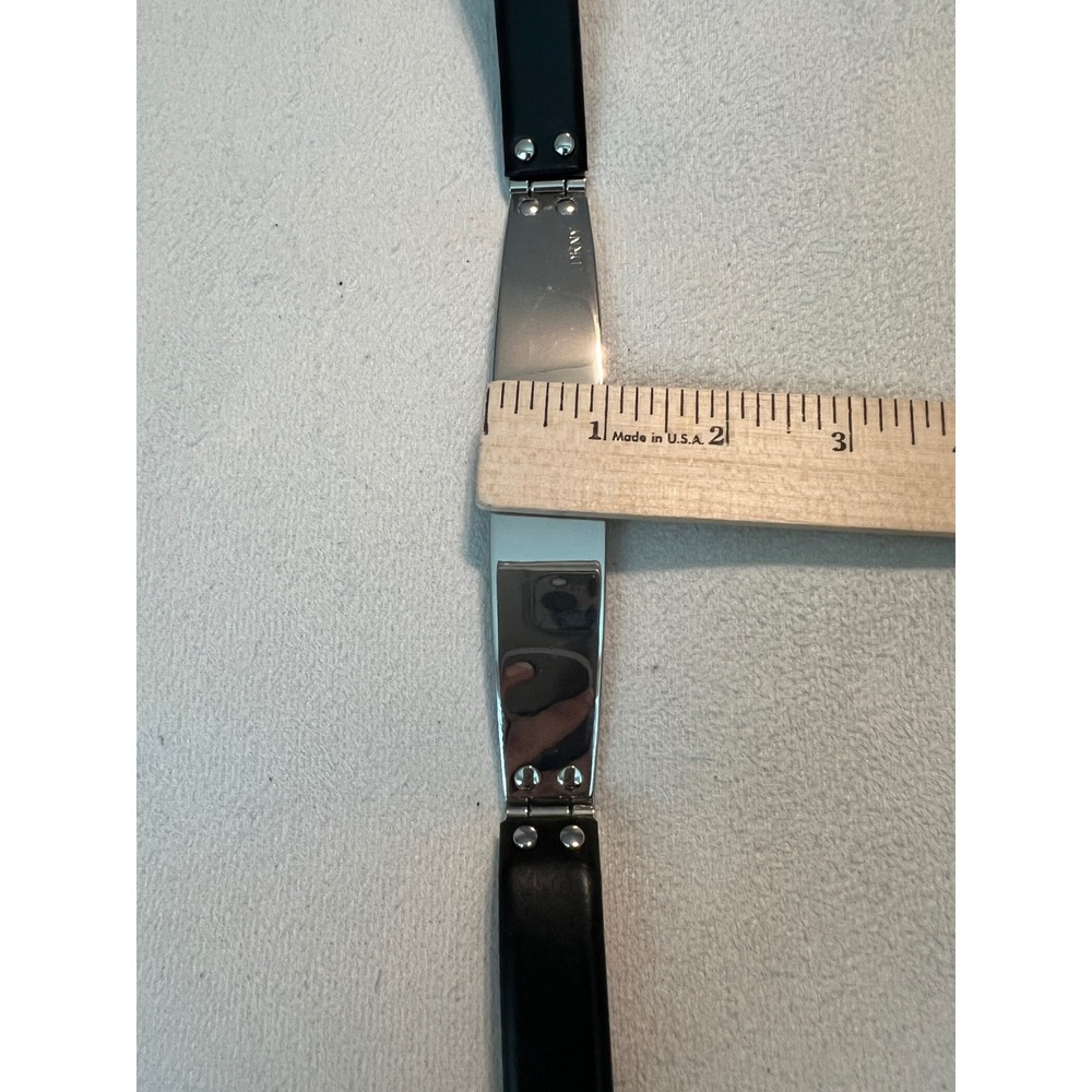 DKNY Womens Black Leather Metal Plate Statement Belt Silver Hardware Y2K Size 10 - Picture 11 of 13